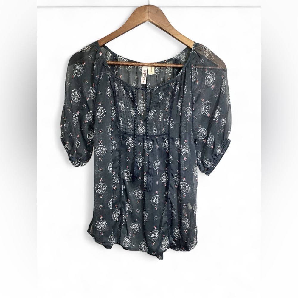 Mudd Gray Puff Sleeve Sheer Blouse with Tie Front